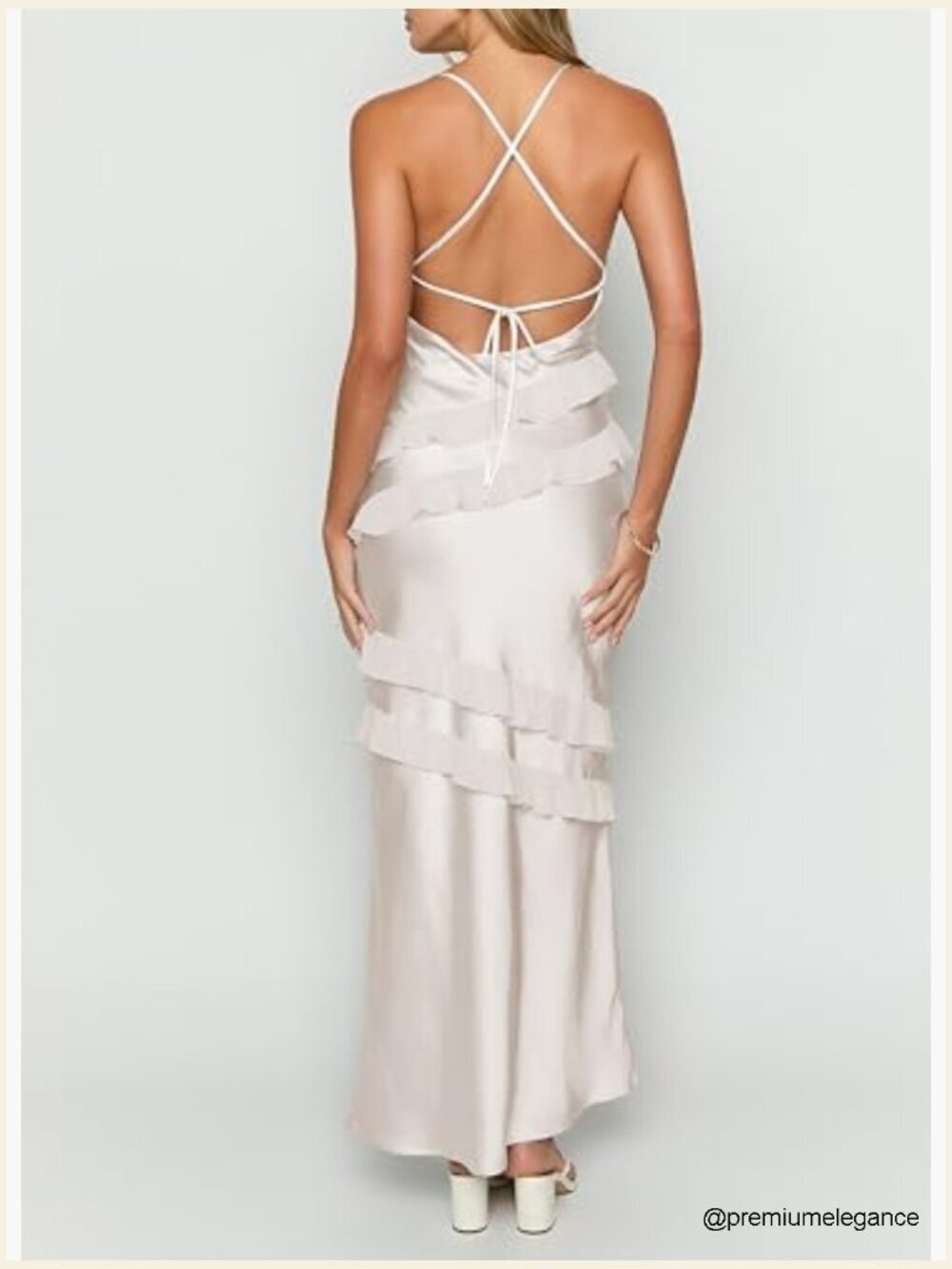 Satin Maxi Dress with V-Neck Ruffle Spaghetti Strap Tie Backless Formal - Picture 3 of 6